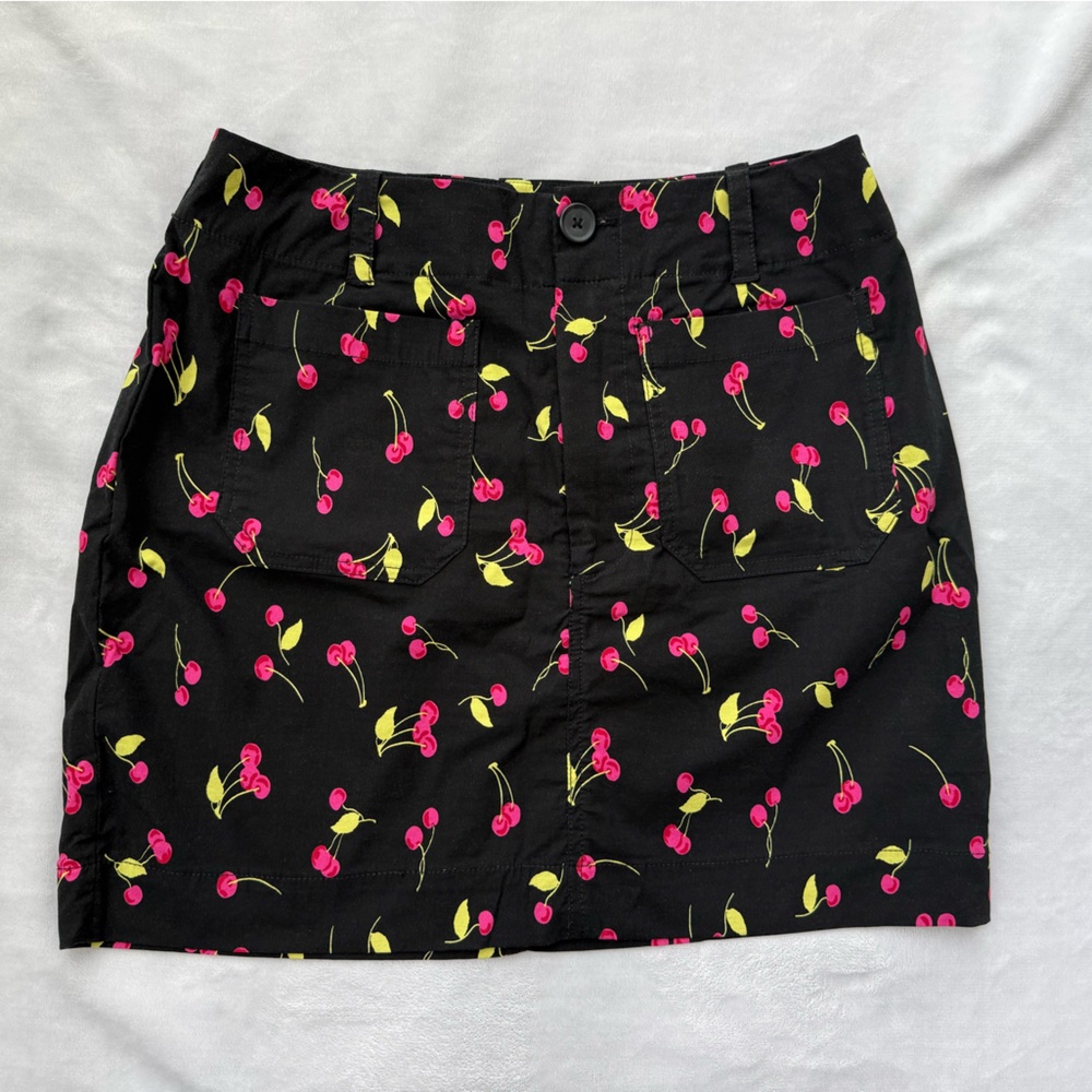Anthropologie Maeve Black Mini Skirt with Pink Cherry Print